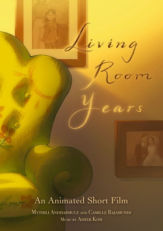 Warm-toned film poster reading “Living Room Years” with framed portraits and a green chair silhouette