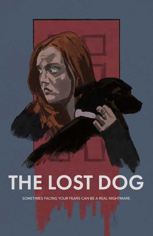 Sad red-haired person in a dark fur coat stands before a red door under the title “THE LOST DOG.”
