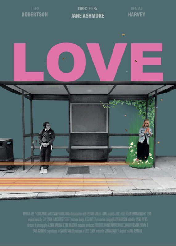 Poster: A man and woman in a bus shelter.