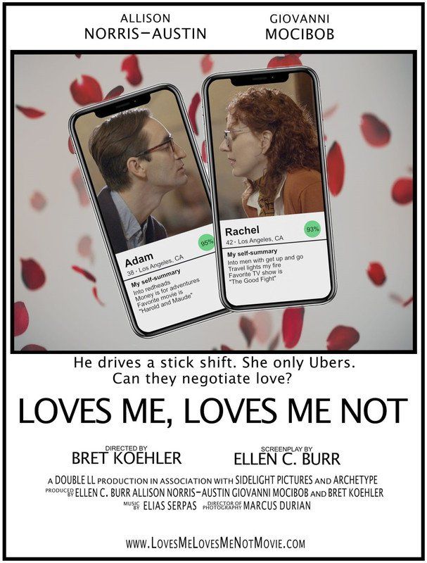 Movie poster: Two phone screens with dating app profiles. Man driving stick shift, woman only uses Uber.