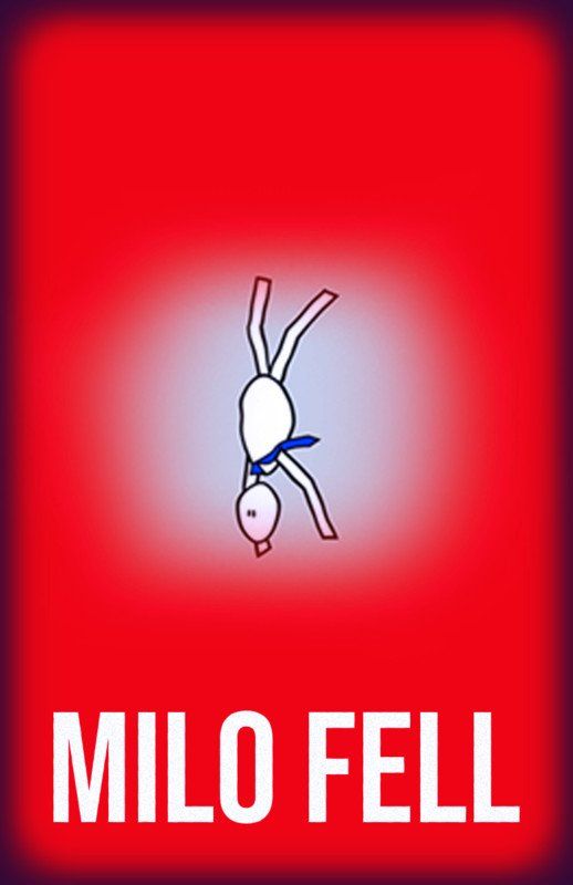 Cartoon figure falling headfirst, wearing a blue tie, against a red background with a white glow. Text reads
