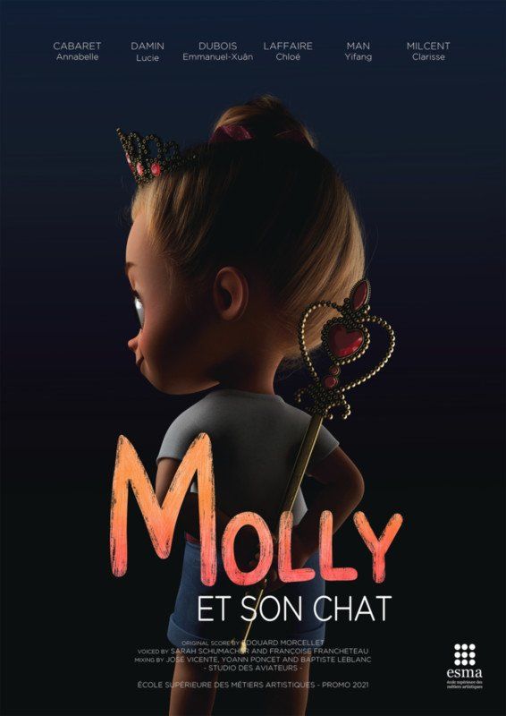 Poster: Cartoon girl, Molly, holds a wand. Dark background, orange text