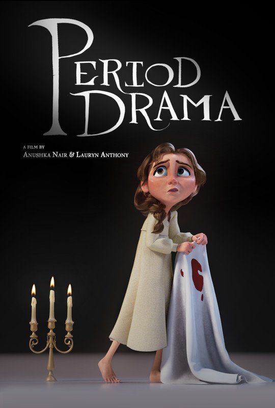 Animated character in a nightgown clutches a bloody sheet. Title: Period Drama. Candles in a dark room.