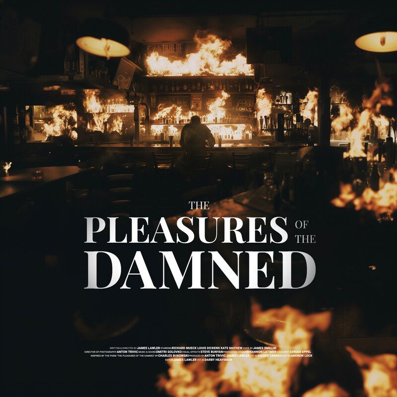 A burning bar with a silhouetted figure. Flames engulf the interior, text reads “The Pleasures of the Damned.”