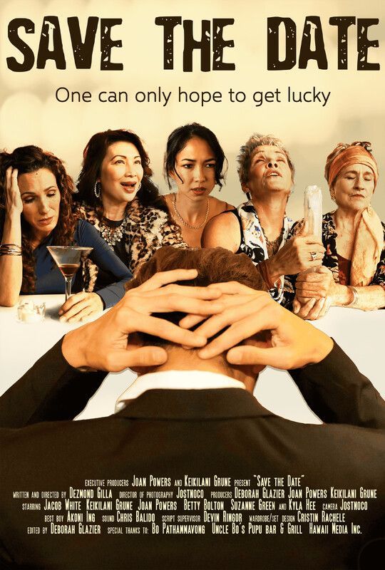 Movie poster for “Save the Date” with five people at a dinner table and the tagline, “One can only hope to get lucky.”