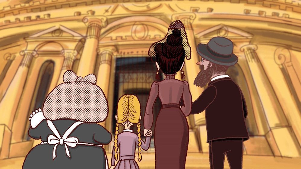 Family entering a large building. Blonde girl and woman in purple dresses, plus a man in a suit and a woman in an apron.