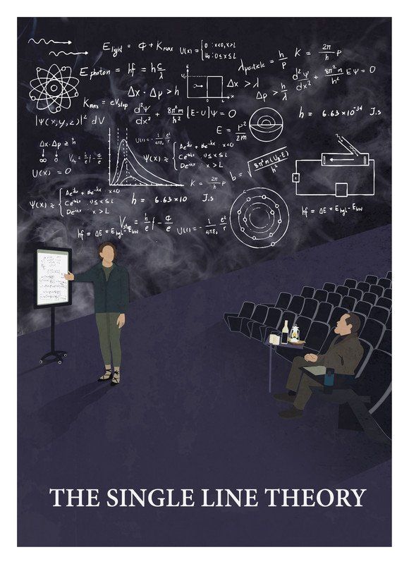 A person presenting complex equations to an audience in a theater, title