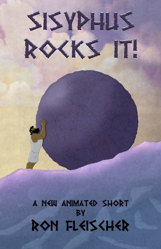 Sisyphus pushing a large purple boulder uphill, title