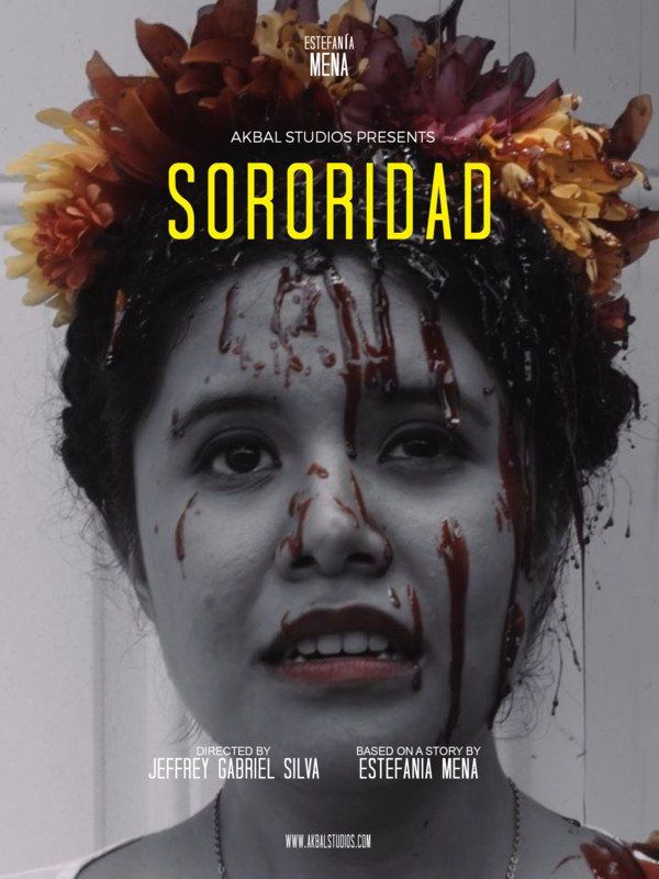 Woman with flower crown, blood on face, title
