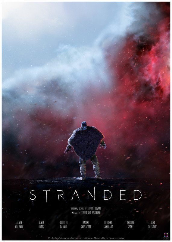 A person stands alone, facing a swirling red and white sky in a desolate landscape. The poster reads