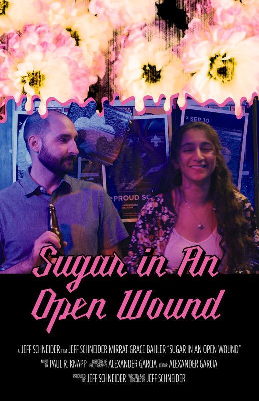 Movie poster: Man and woman smiling in front of a bar, title