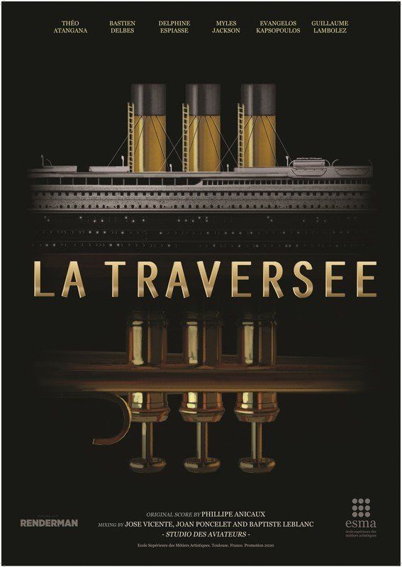 Movie poster: a ship silhouette with three gold smokestacks, a golden trumpet, and title