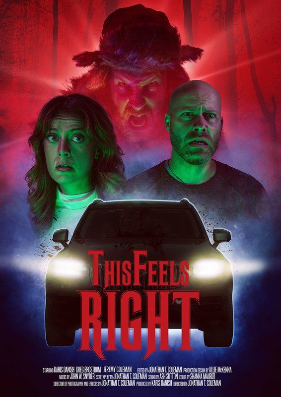 Movie poster: Scared couple in car, red-eyed figure looming behind them.