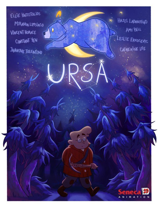 Cartoon poster: Man walking in a dark forest, stars above, bear constellation. Title: Ursa.