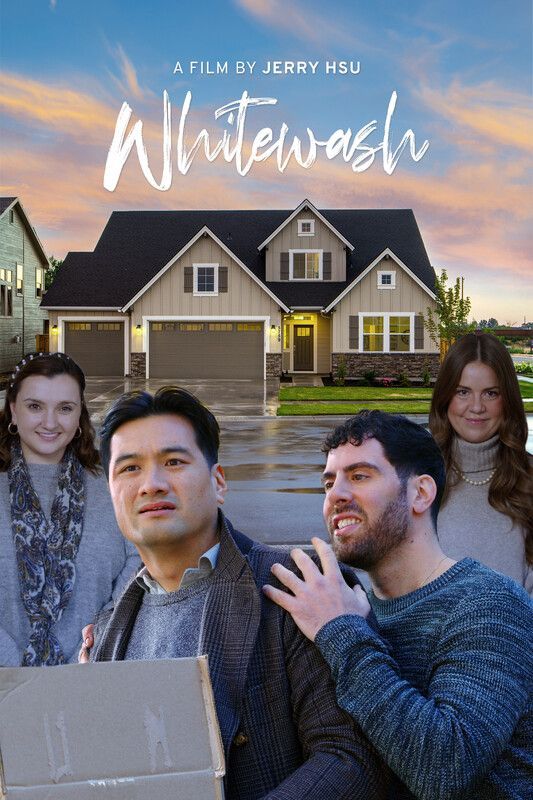 Four people in front of a house. A man is holding a box, looking worried. Two women smile. The other man smiles and touches the first man.