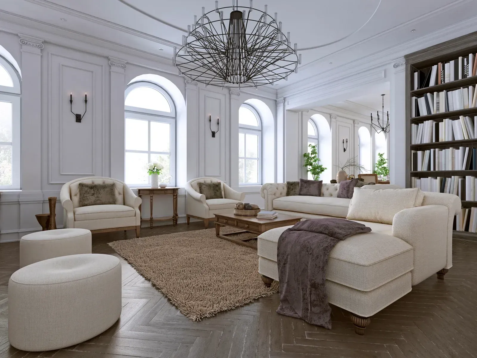 White fireplace with black countertop and built-in shelving, TV, and cabinets against white wall. Blue rug on floor.