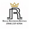 Logo for Regal Restroom Rentals with gold crown, black monogram, and phone number (704) 237-6704