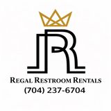 Logo for Regal Restroom Rentals with gold crown, black monogram, and phone number (704) 237-6704