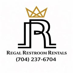Logo for Regal Restroom Rentals with gold crown, black monogram, and phone number (704) 237-6704