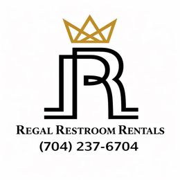 Logo for Regal Restroom Rentals with gold crown, black monogram, and phone number (704) 237-6704