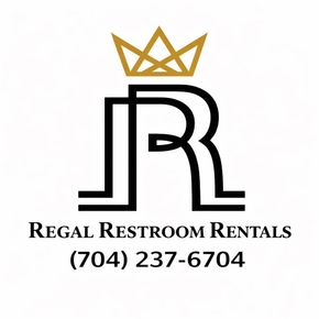 Logo for Regal Restroom Rentals with gold crown, black monogram, and phone number (704) 237-6704