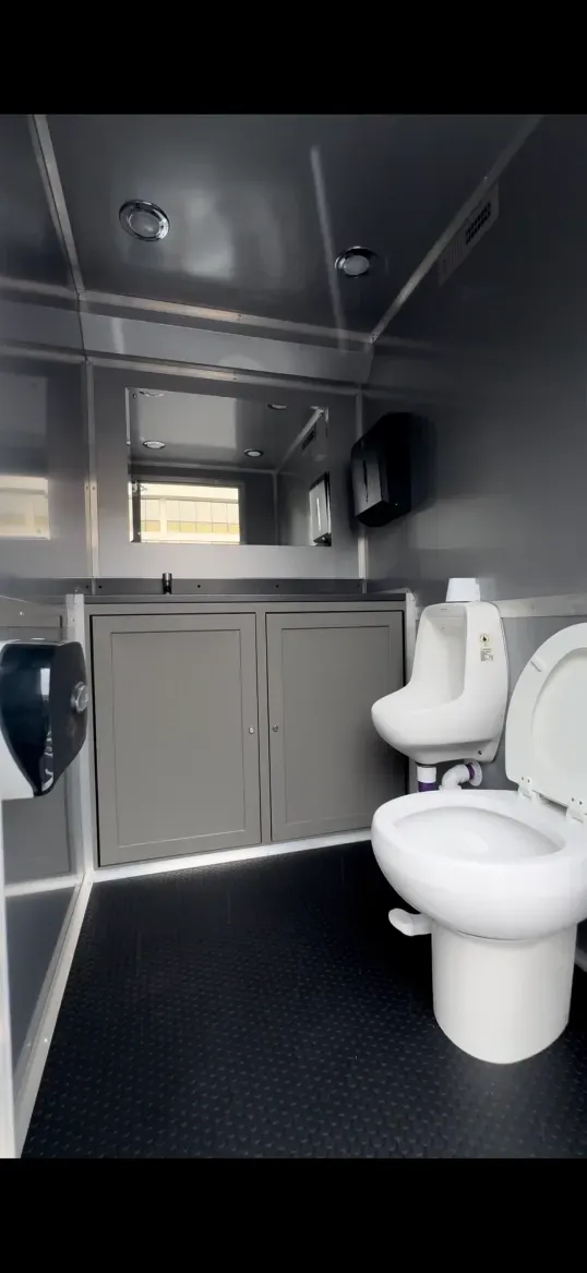 Compact restroom interior with white toilet and gray walls, black floor, and small window.