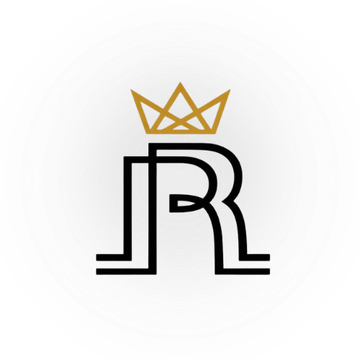Gold crown above stylized black initials R and J on a white background