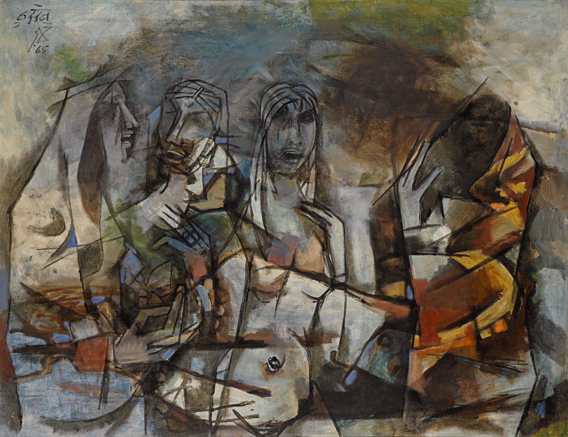 Abstract painting of horses in motion, with angular shapes and blue, tan, and white hues. 
