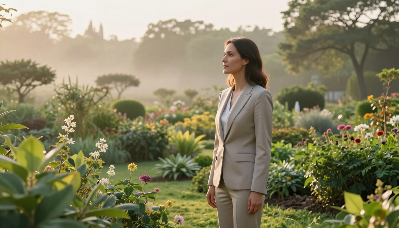 Mujer con traje beige de pie en un jardín exuberante con flores y la suave luz de la mañana.