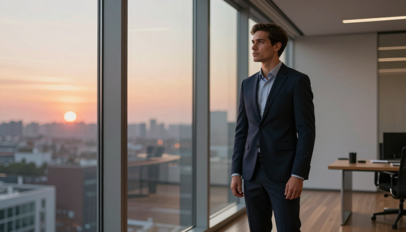Empresario reflexionando en oficina moderna con vistas a la ciudad