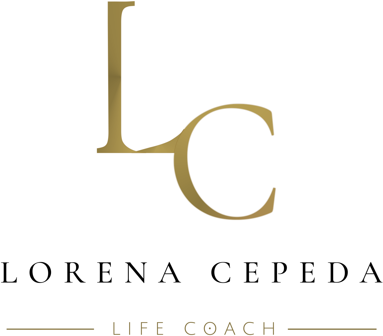 Logotipo de Lorena Cepeda Life Coach con monograma LC dorado y texto serif negro sobre fondo blanco.