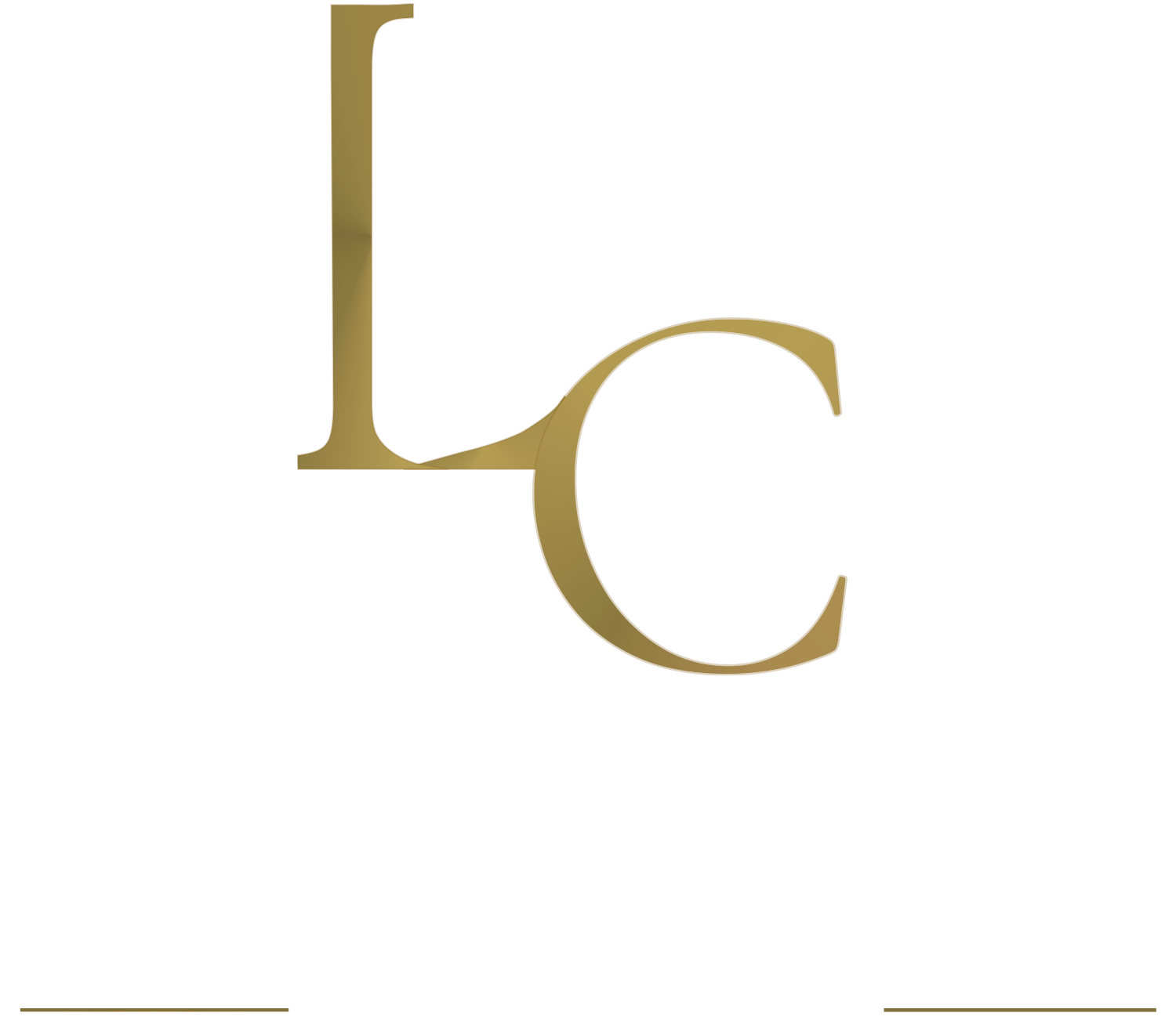 Logotipo “LC” dorado sobre fondo blanco con finas líneas horizontales doradas.