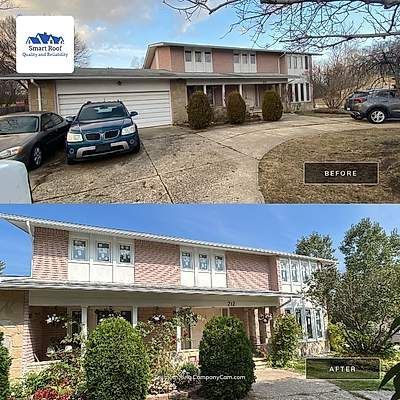 A before-and-after comparison of a home's exterior, showing the difference in window installation work