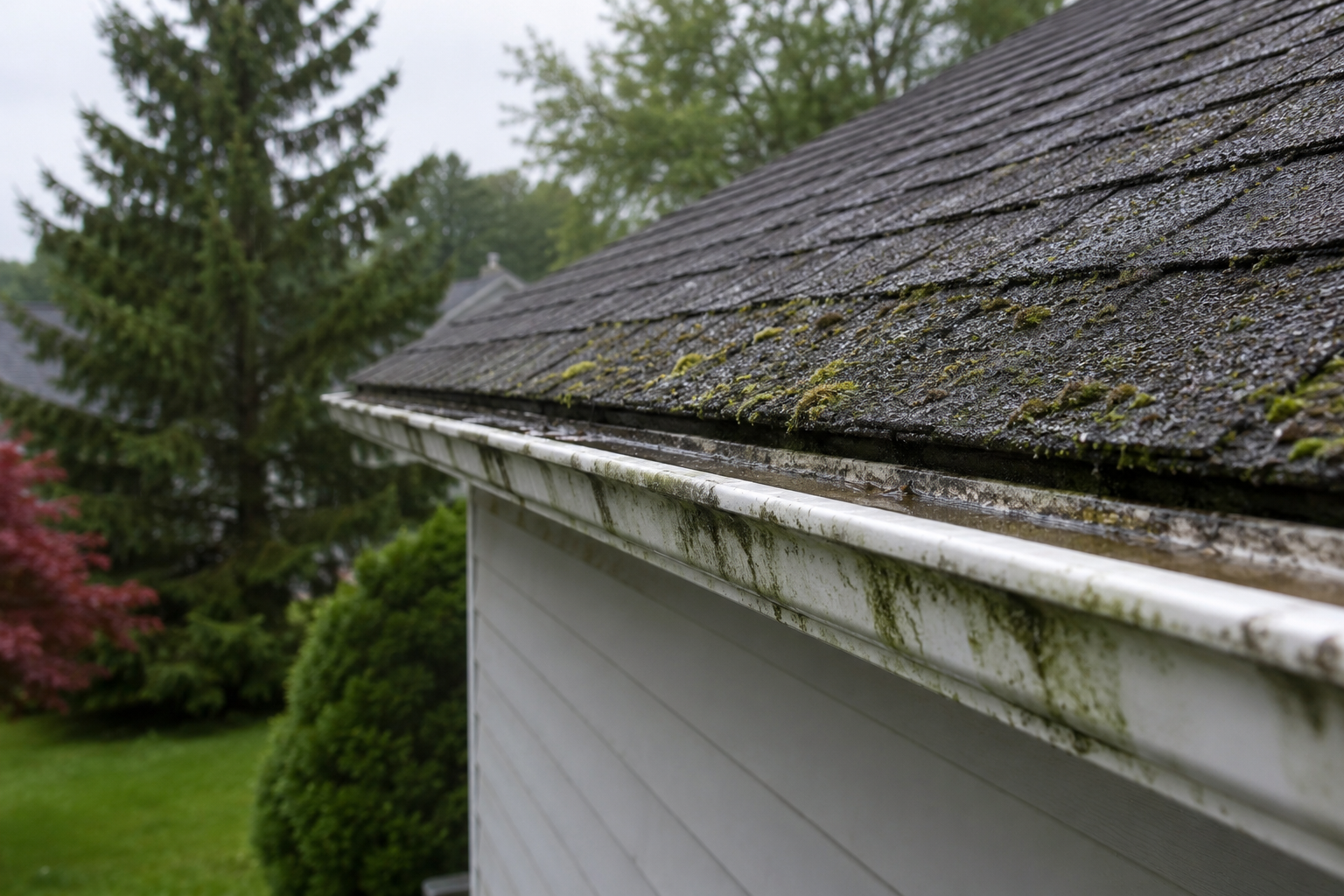 Close-up view of a residential roof and gutter during a humid Michigan summer day, showing moisture