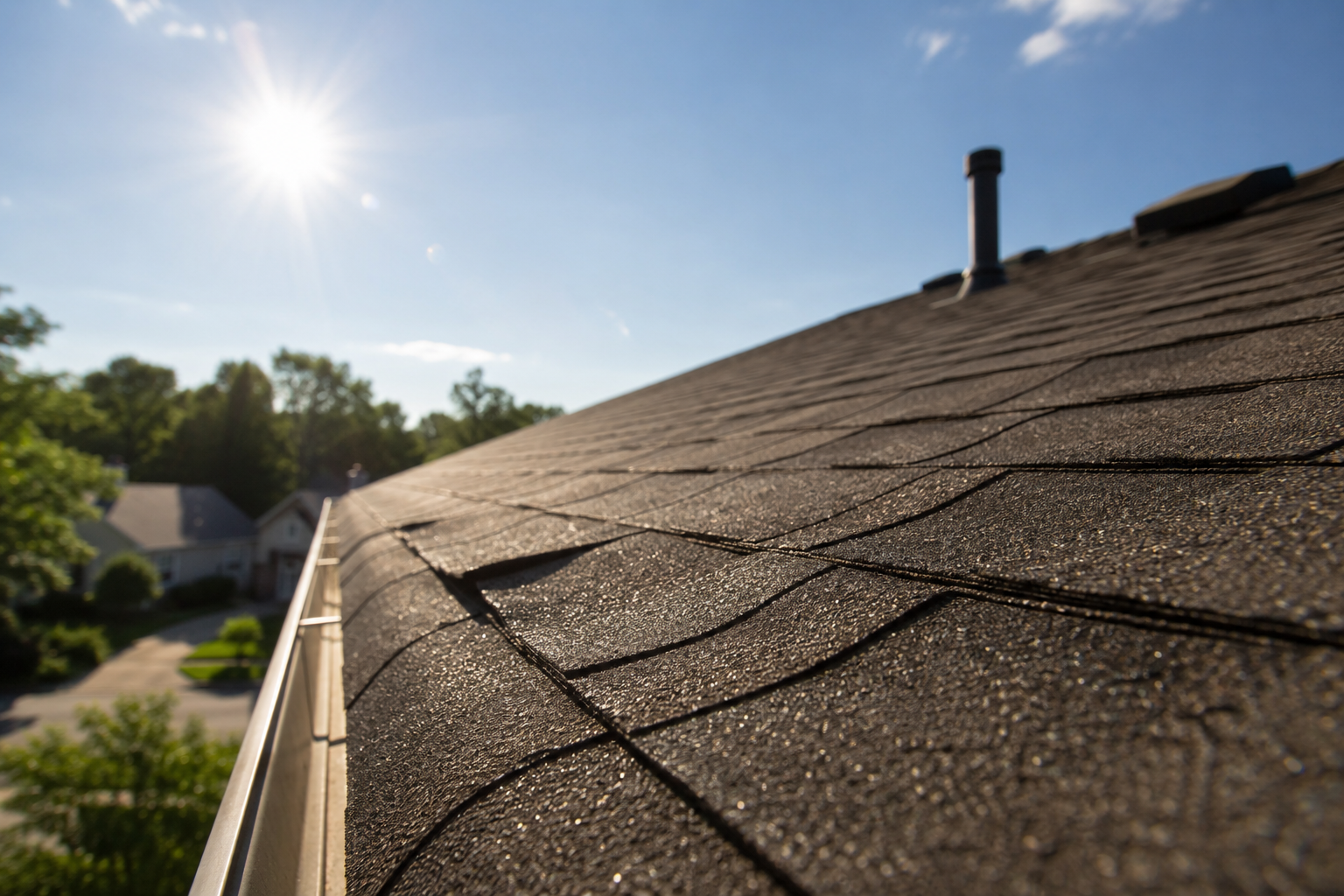 Summer sunlight shining over an asphalt shingle roof in Michigan residential neighborhood during hot