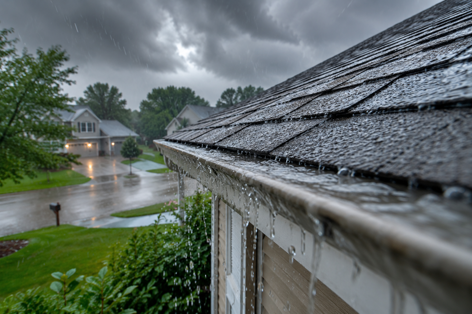 Close-up of a residential roof during a heavy Michigan summer rainstorm, showing overflowing gutters