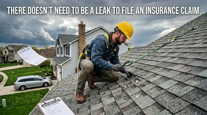 Roofing contractor inspecting subtle hail damage on asphalt shingles in Warren MI for insurance claim documentation