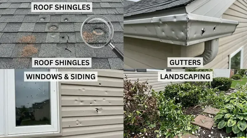 Examples of hail damage on roof shingles, gutters, siding, windows, and landscaping in Warren MI