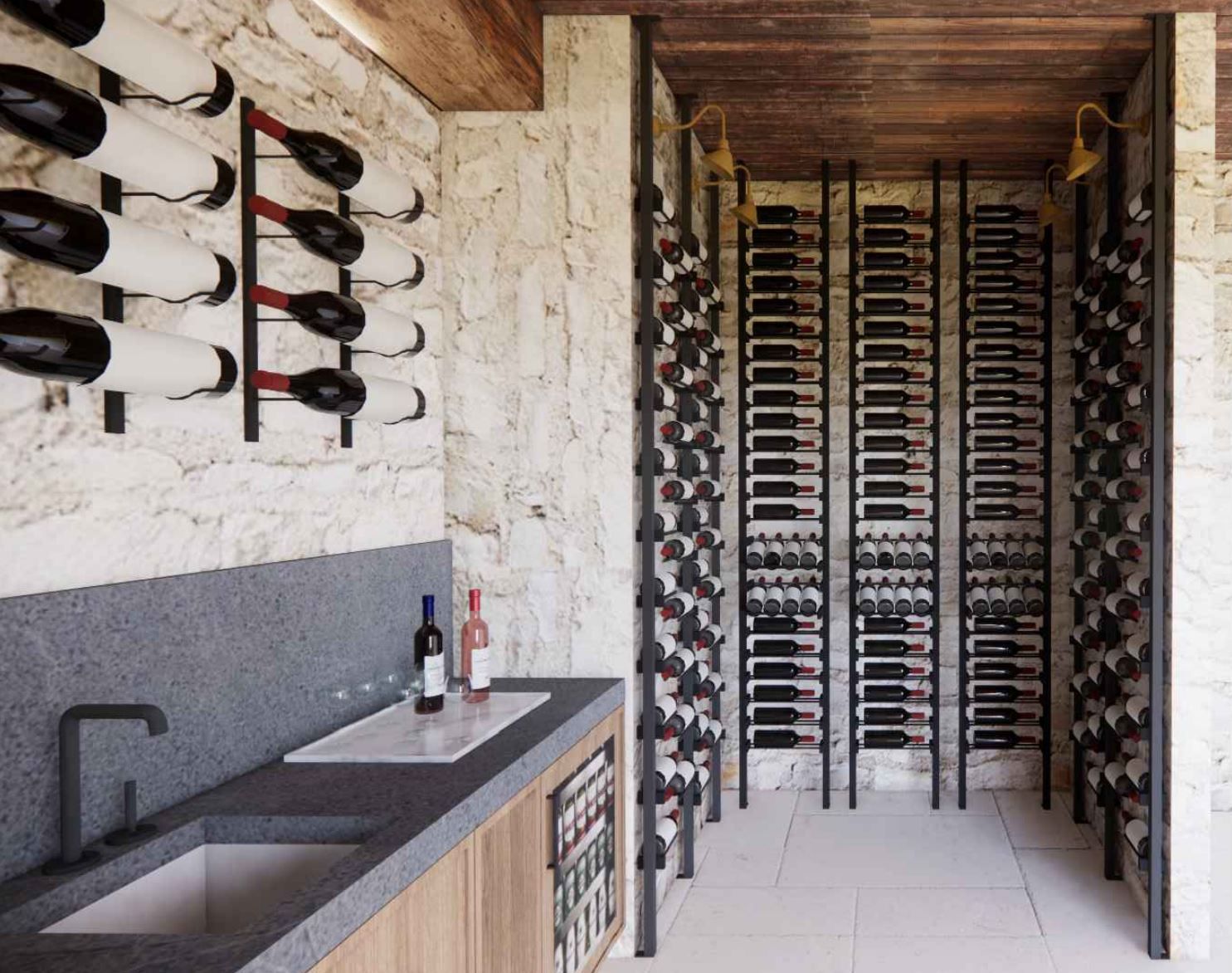 A wine rack filled with bottles of wine in a room.