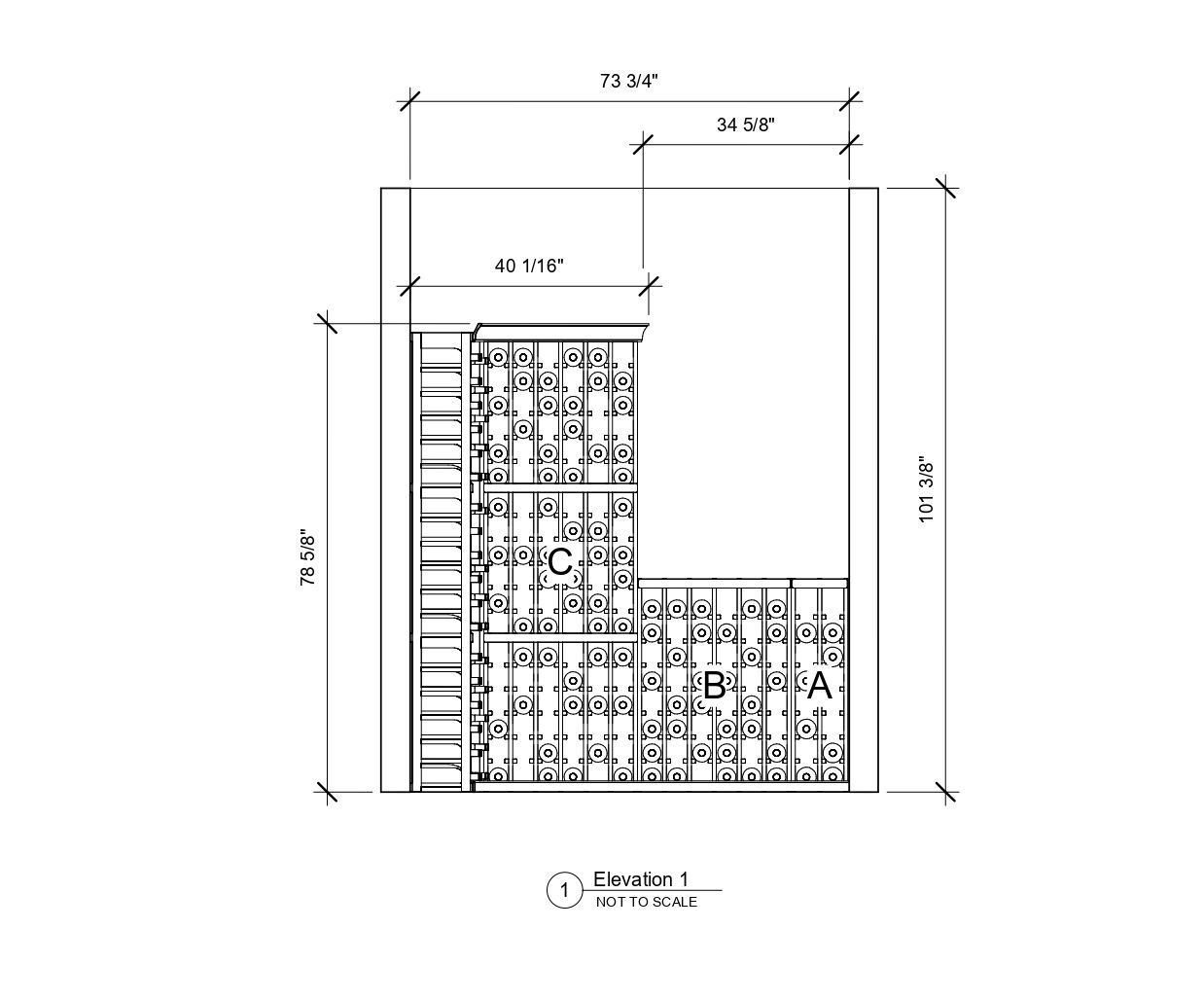 A black and white drawing of a building with measurements on a white background.