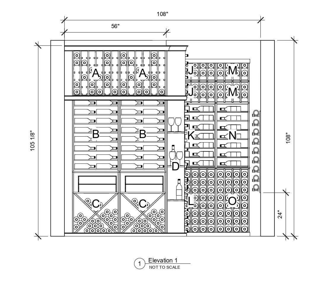 A black and white drawing of a wine cellar.