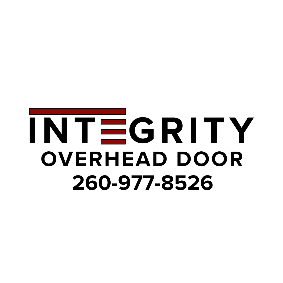 INTEGRITY Overhead Door logo with red-and-black text and phone number 260-977-8526