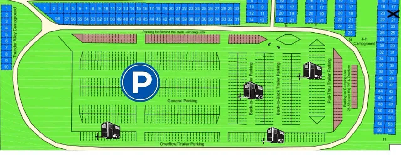 Top-down map of a parking lot with blue spaces, green medians, and a central P symbol