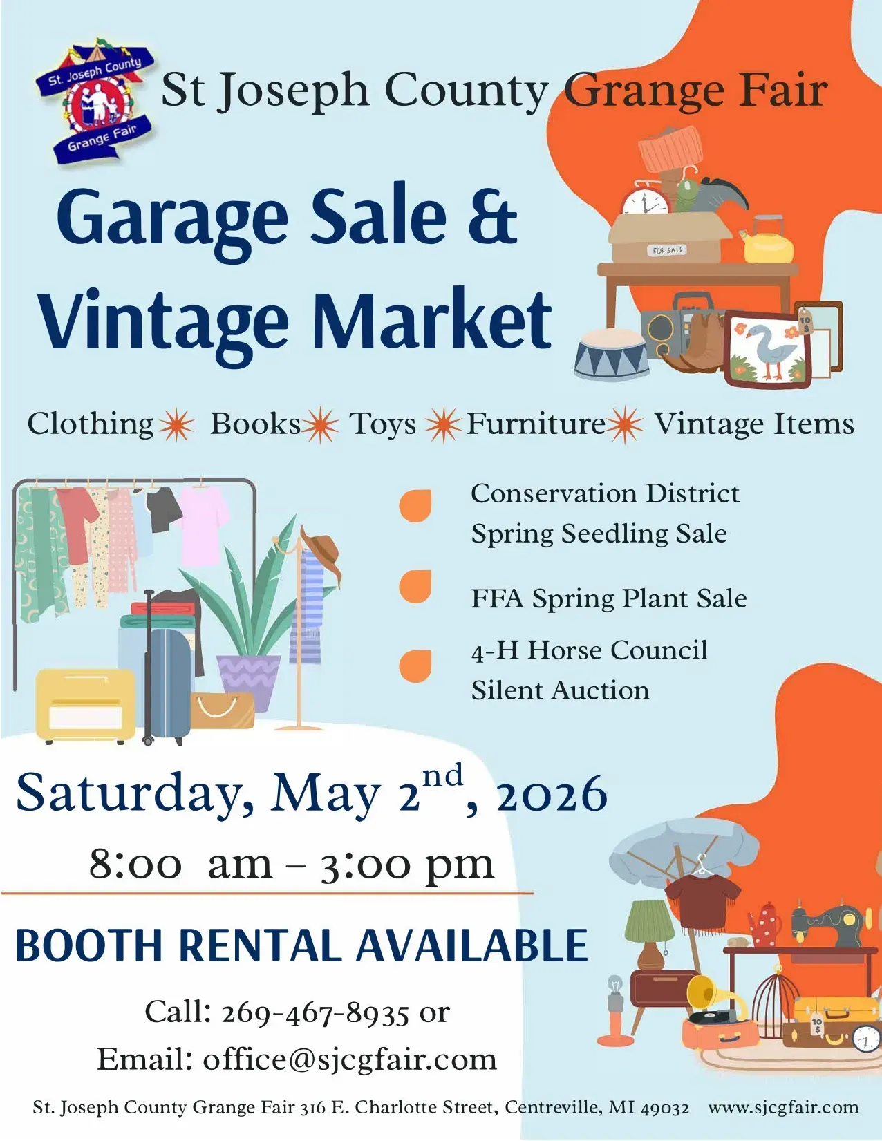 Poster for St. Joseph County Grange Fair: Garage Sale & Vintage Market on May 2nd, 2026. Includes various sales and a silent auction.