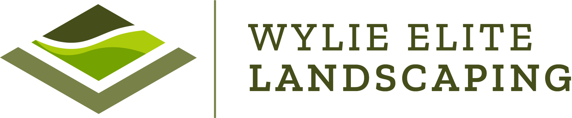 Logo for Wylie Elite Landscaping. Green and tan geometric design with text to the right.