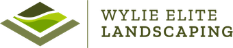 Logo for Wylie Elite Landscaping. Green and tan geometric design with text to the right.