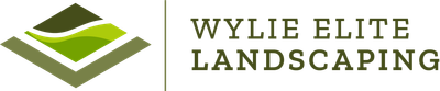 Logo for Wylie Elite Landscaping. Green and tan geometric design with text to the right.