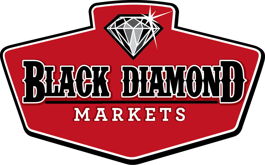 A red and black logo for black diamond markets with a diamond on it.