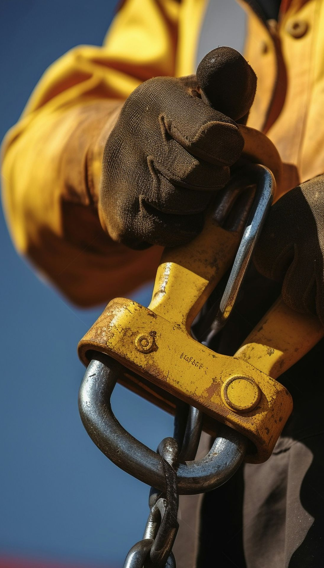 Gloved worker gripping a yellow metal hook and black shackle on a blue background