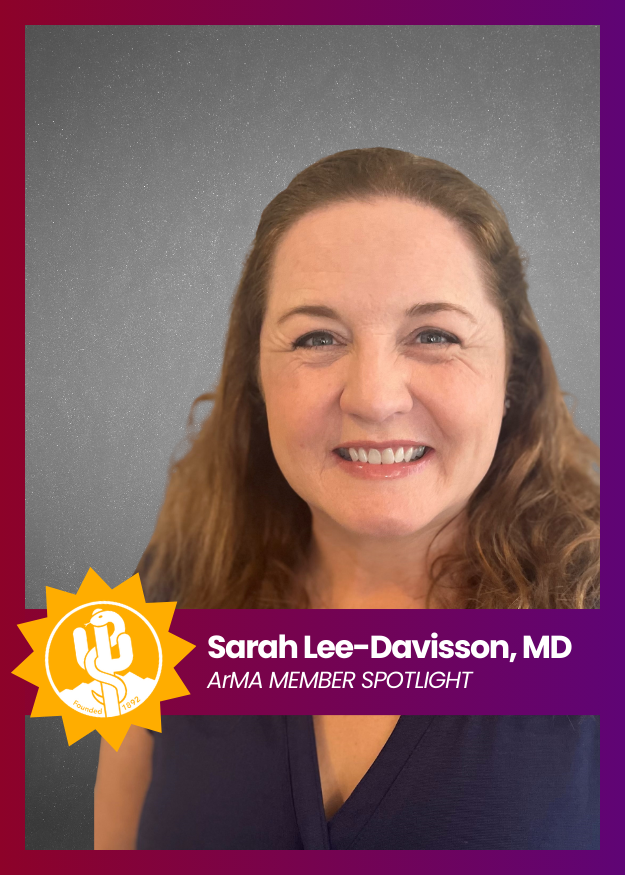 Portrait of Sarah Lee-Davidson, MD with purple border and “Art & Member Spotlight” banner